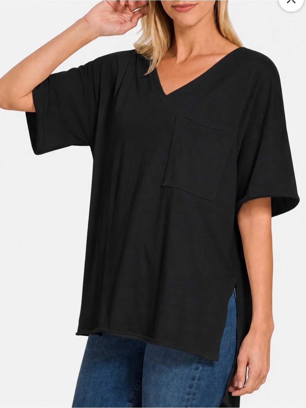Zenana Outfitters Black Relaxed V-Neck Pocket Tunic